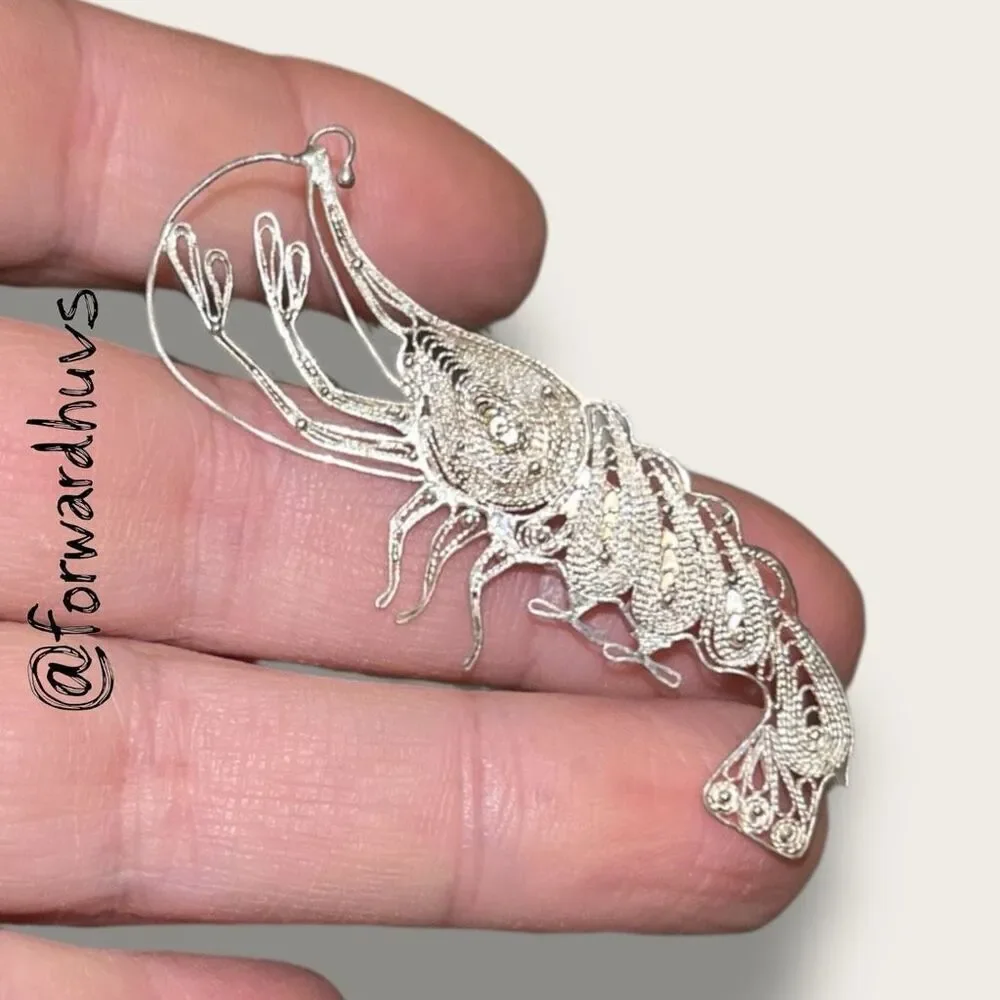 Antique 900 Silver Filigree Shrimp Brooch – Handcrafted – C-Clasp
